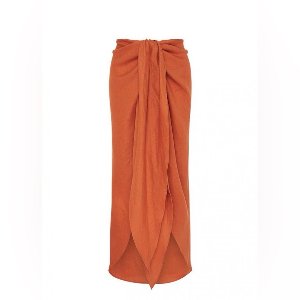Bondi Born Organic Linen Tie Front Draped Skirt in Tangerine, size Medium